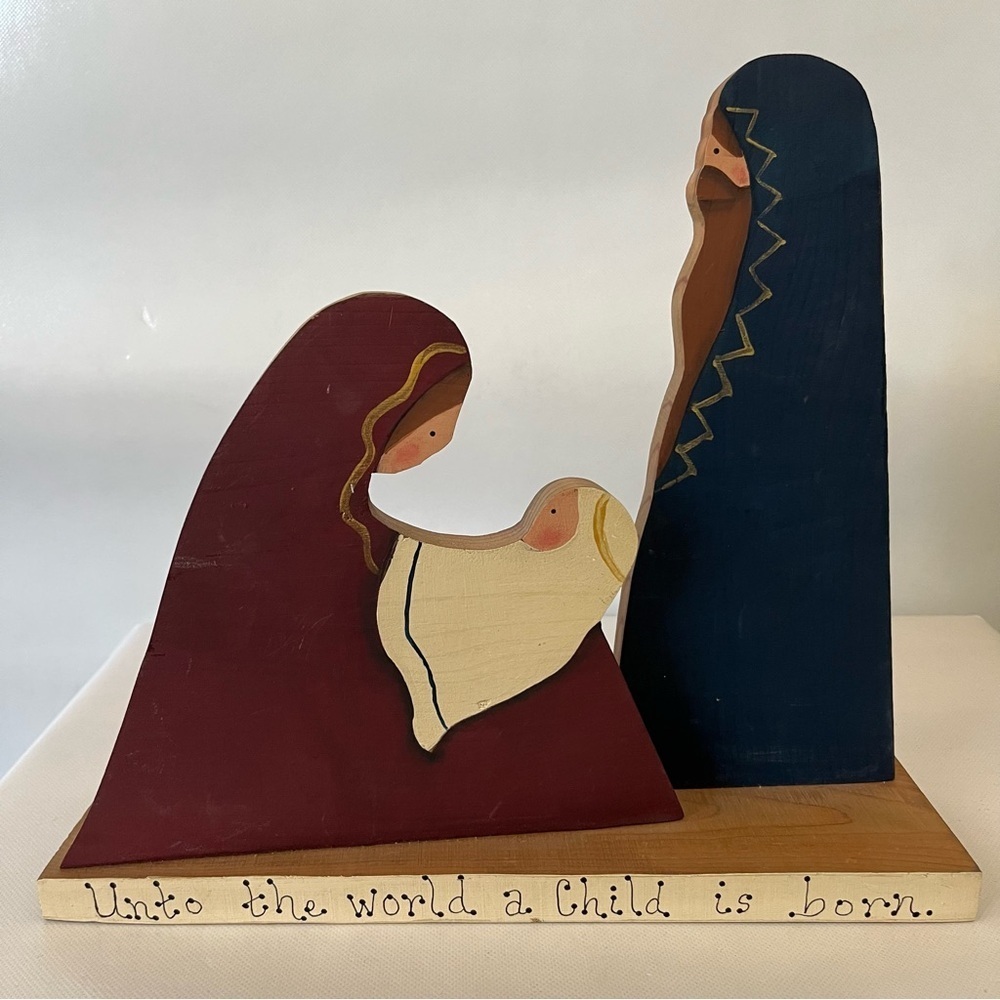 Vintage Handmade Wood Nativity Unto the World a Child is Born Painted Rustic